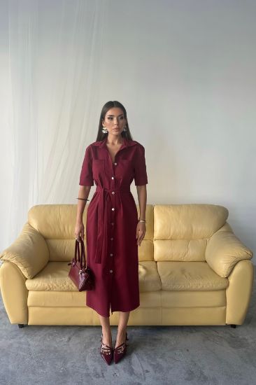 TENCEL ÖNDEN DÜĞMELİ KISA KOL ELBİSE - Bordo resmi